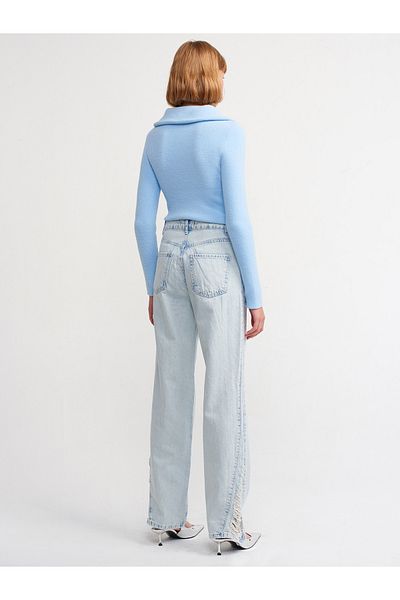 Dilvin 71322 Pantaloni din denim drept laser cu secțiune laterală-albastru