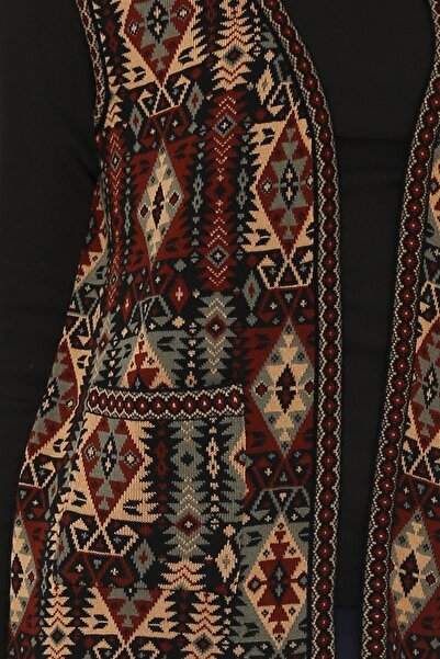 Uludağ Triko Дамска сребърна жилетка Kilim с етнически шарки с джобове