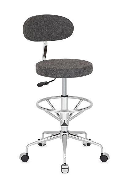 Bintaş Mobilya Alfa Arkalıklı Tekerlekli Yüksek Bar Boy Laboratuvar Taburesi  Antrasit Gri Metal Krom Ayak
