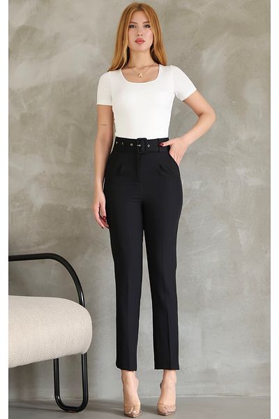 VEGENZE Women's Black High Waist Belted Pocket Pants