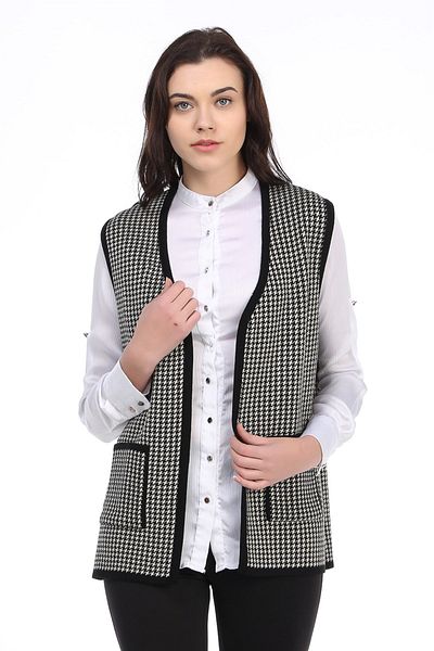 Uludağ Triko Women's Black-stone Houndstooth Knitwear Mother Vest