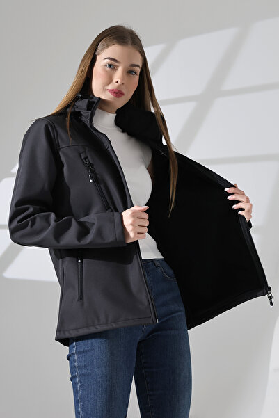 B.HE.Z Waterproof Women's Softshell Coat - Fleece, Detachable Hood, Gray