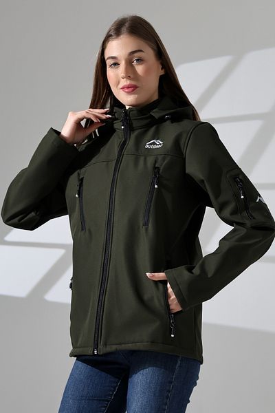 B.HE.Z Khaki Women's Softshell Coat - Waterproof Fabric, Fleece, Detachable Hood