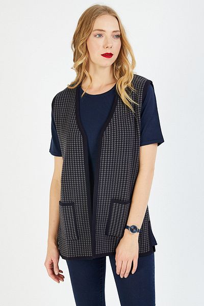 Uludağ Triko Women's Navy Blue Houndstooth Knitwear Mother Vest