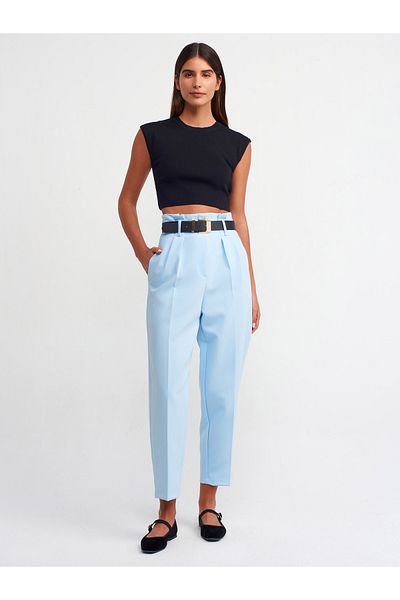 Dilvin 71242 Belted High Waist Trousers-Blue