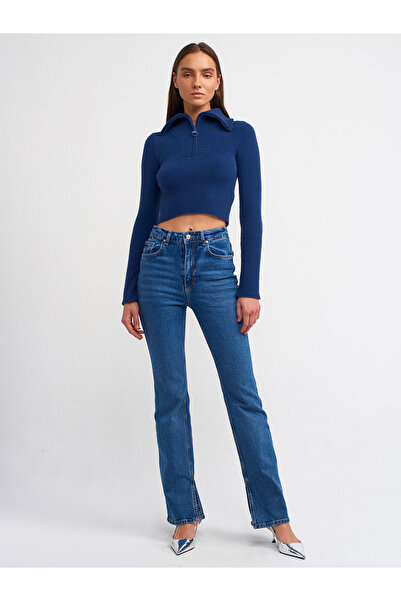 Dilvin 71335 Stright Trousers with Slits on the Legs - Navy Blue