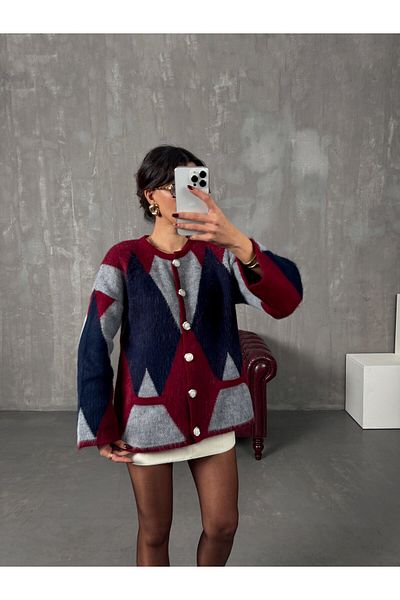 Nimas Women's Diamond Patterned Cardigan with Pocket Detail