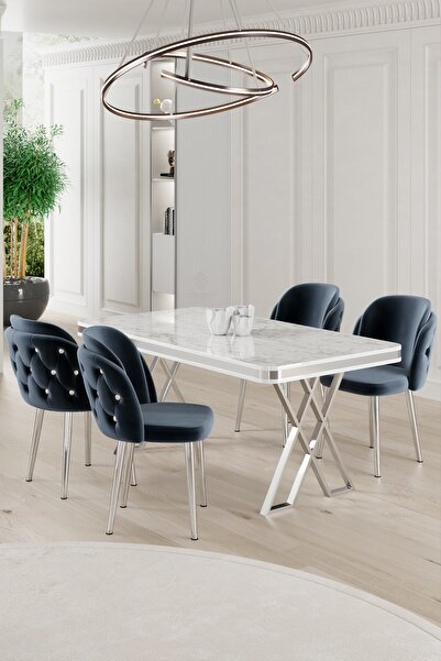 Canisa Rigel Serisi 80x130 Lak Panel Beyaz Mermer Desen Masa Takımı Krom Ayaklı 4 Antrasit Sandalye