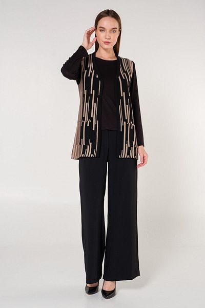 Uludağ Triko Women's Black Striped Pocketed V-Neck Plaid Knitwear Mother Vest