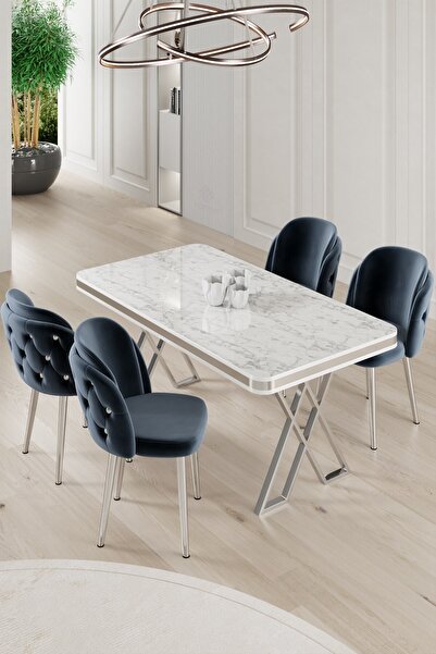 Canisa Rigel Serisi 80x130 Lak Panel Beyaz Mermer Desen Masa Takımı Krom Ayaklı 4 Antrasit Sandalye