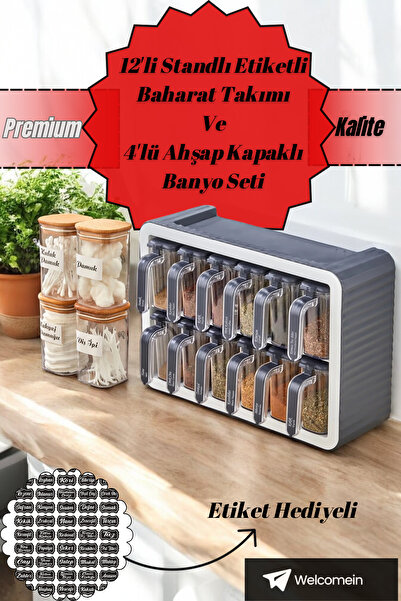 welcomein 12 li Standlı Kendinden Yapışkanlı Kapaklı Kaşıklı Baharatlık Takım...