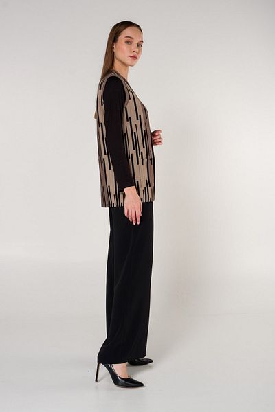 Uludağ Triko Women's Mink Striped Pocket V-Neck Plaid Knitwear Mother Vest