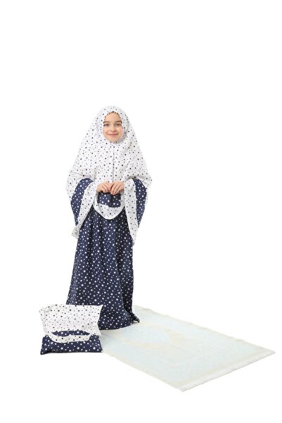 Genel Markalar Kız Çocuk Namaz Elbisesi 4 Parçalı Seccadeli ve Çantalı Larcivert Rengi Yıldız Baskılı Kemer Desenli