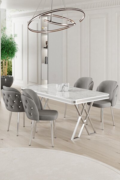 Canisa Rigel Serisi 80x130 Lak Panel Beyaz Mermer Desen Masa Takımı Krom Ayaklı 4 Gri Sandalye