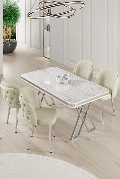Canisa Rigel Serisi 80x130 Lak Panel Beyaz Mermer Desen Masa Takımı Krom Ayaklı 4 Krem Sandalye