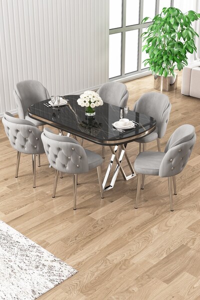 Canisa Zae Serisi 90x168 Lak Panel Siyah Mermer Desen Masa Takımı Krom Ayaklı 6 Gri Sandalye