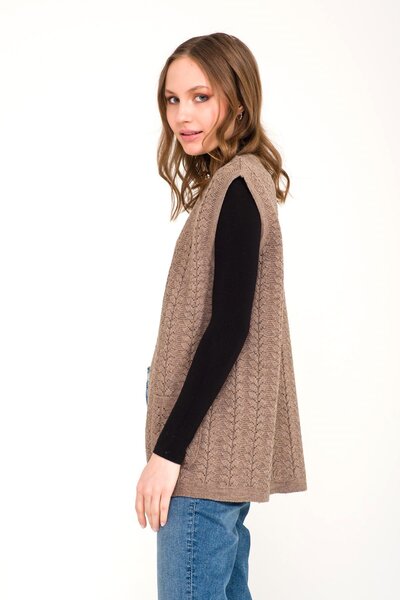 Uludağ Triko Дамски зимен дебел плетен пуловер с джоб от норка, жилетка за майка