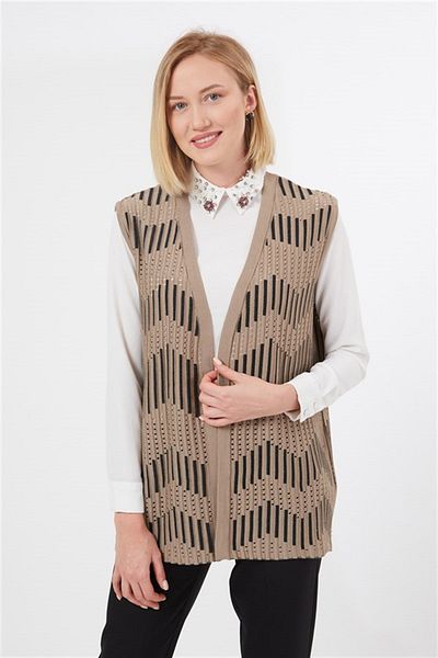 Uludağ Triko Women's Sand Zigzag Patterned Openwork Summer Mother Knitwear Vest