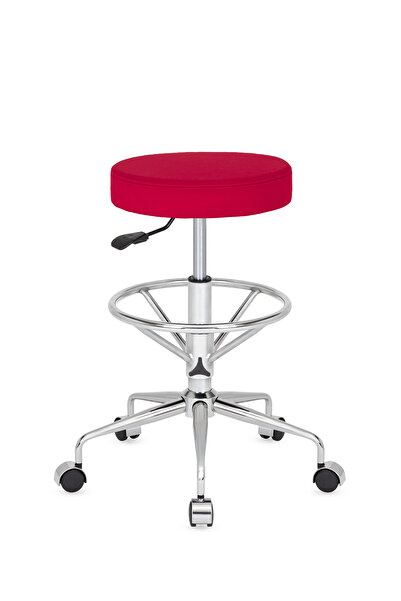 Bintaş Mobilya Kırmızı Tekerlekli Bar Taburesi Yüksek Ayarlı Silinebilir Kuma...