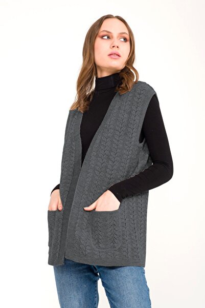 Uludağ Triko Women's Smoked Pocket Winter Thick Knitted Knitwear Mother Vest