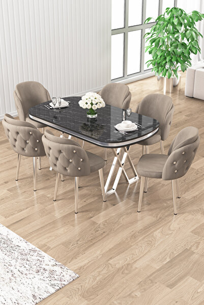 Canisa Zae Serisi 90x168 Lak Panel Siyah Mermer Desen Masa Takımı Krom Ayaklı...