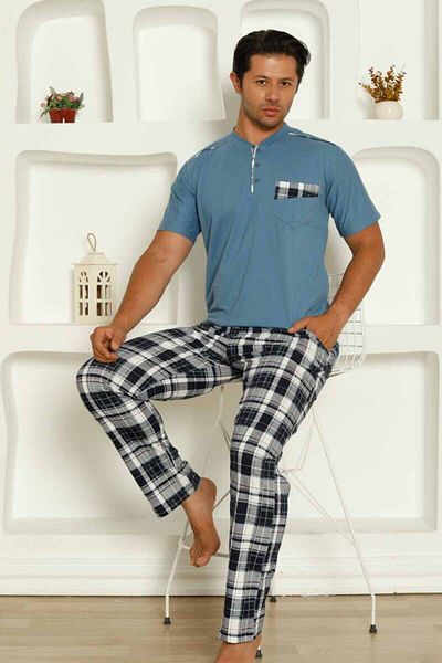 ALİMER Ανδρικό σετ πιτζάμες Indigo Check κοντομάνικο 1207KY