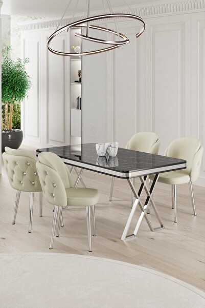 Canisa Rigel Serisi 80x130 Lak Panel Siyah Mermer Desen Masa Takımı Krom Ayak...