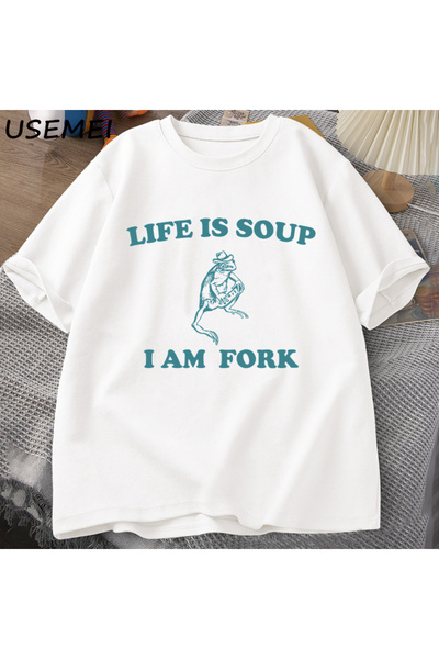 Drippy Unisex Pamuk T-shirt - Životna supa I, grafička slika žabe sa viljuško...