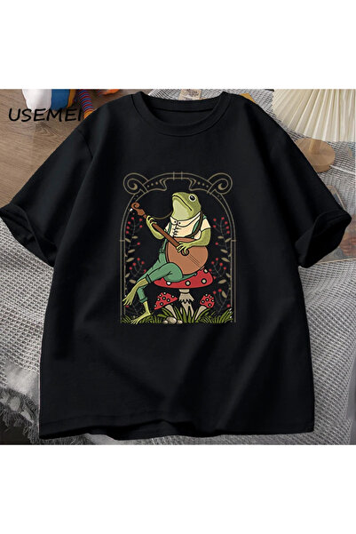 Drippy Sevimli Cottagecore kurbağa oynayan Banjo T Shirt erkek kadın pamuk ko...