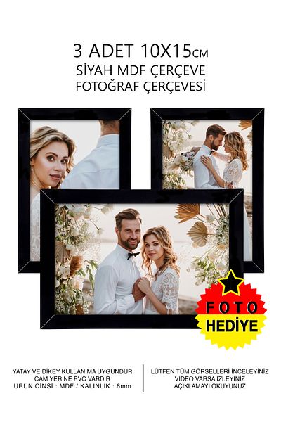 Bytwo 3 Pieces Black Frame 10x15 MDF - PVC Photo Frame Set