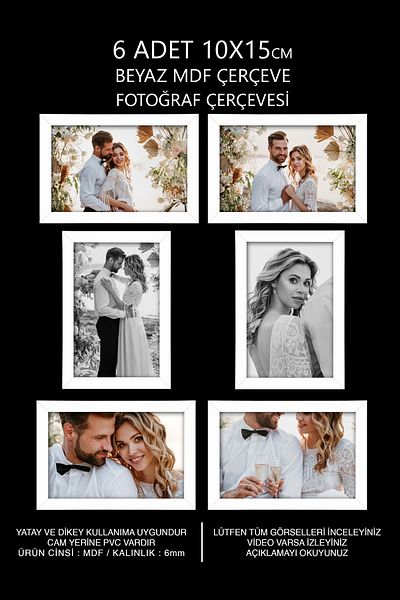 Bytwo 6 PIECES 10X15 WHITE FRAME MDF - PVC MULTIPLE PHOTO FRAME - 6 PIECES FRAME IN WHITE
