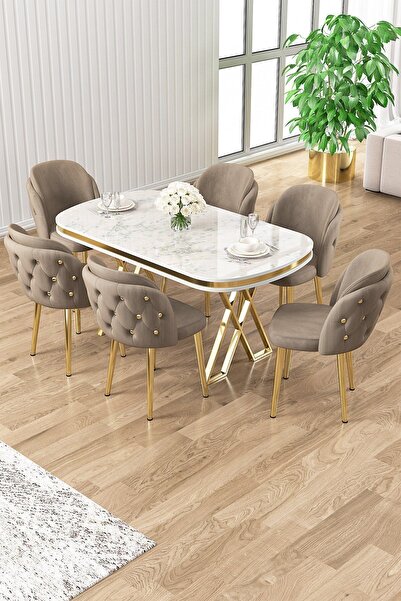 Canisa Zae Serisi 90x168 Lak Panel Beyaz Mermer Desen Gold Ayak Masa Takımı 6...