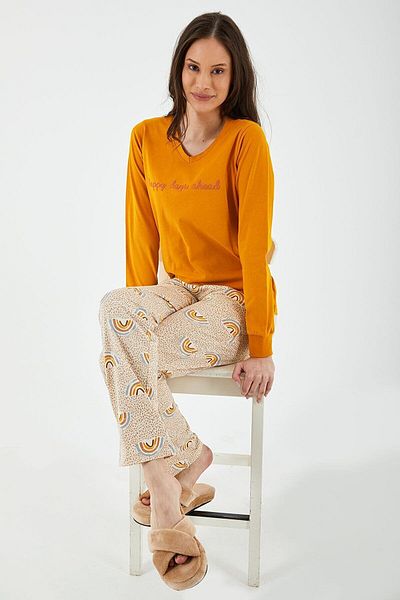 Arnetta Women's Gold Yellow New Season 100% Cotton Long Sleeve V-Neck Print Pajamas Set
