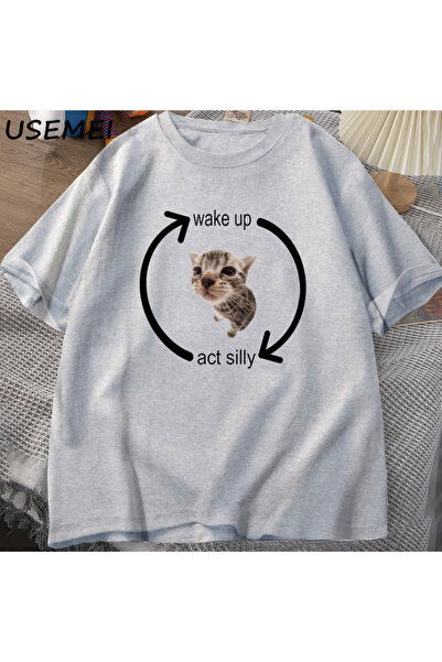 Drippy Tricou confortabil din bumbac, scurt, Wake Up Motion Silly Cat, pentru...