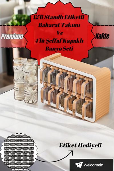welcomein 12li Standlı Kendinden Yapışkanlı Kapaklı Kaşıklı Baharatlık Takımı...