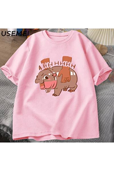 Drippy Volim Moo Deng strip T-shirt - Nilski konj Sa deznom , Pamuk kratkih r...