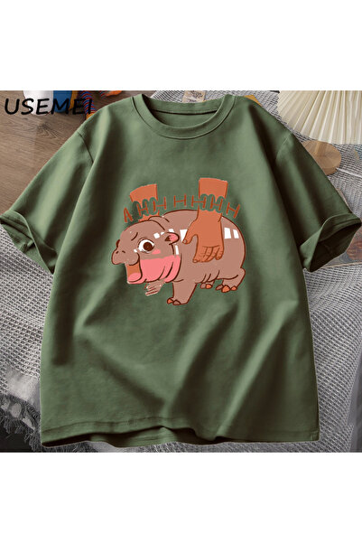 Drippy Volim Moo Deng strip T-shirt - Nilski konj Sa deznom , Pamuk kratkih r...