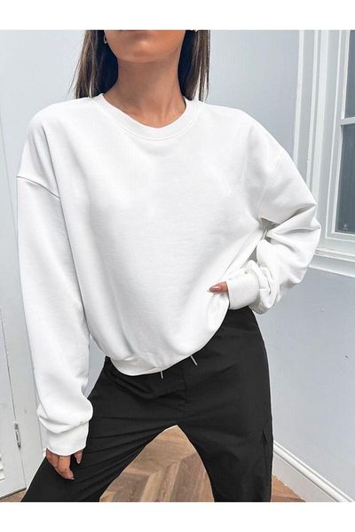 NO 601 Sweat de iarnă, alb, cu gât crew, fără glugă