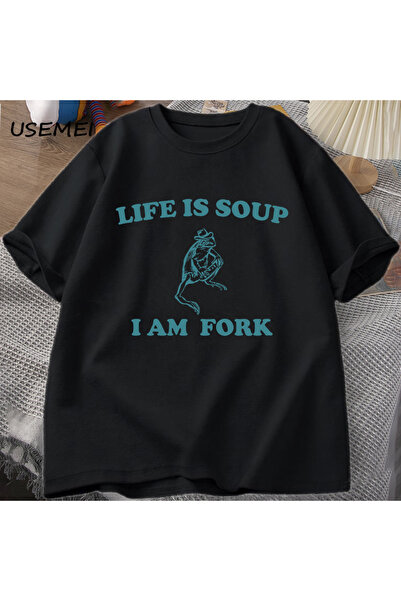 Drippy Unisex Pamuk T-shirt - Životna supa I, grafička slika žabe sa viljuško...