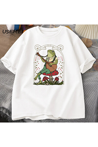 Drippy Sevimli Cottagecore kurbağa oynayan Banjo T Shirt erkek kadın pamuk ko...