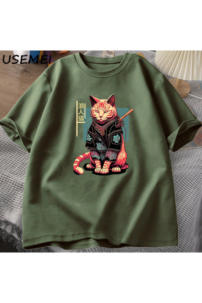 Drippy Samuraj Japanski mačka Grafika T-shirt - Kawaii Ninja, Pamuk, Kratki R...