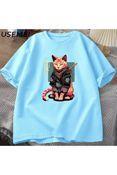 Drippy Samuraj Japanski mačka Grafika T-shirt - Kawaii Ninja, Pamuk, Kratki R...