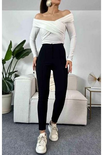 FEVİLLE Women's Black High Waist Slim-Legged Chestnut Trousers