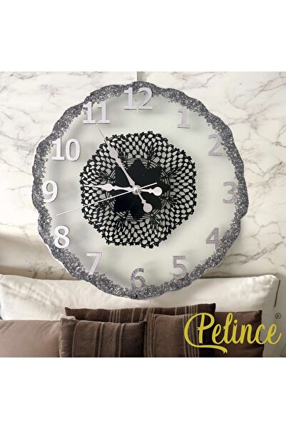 Home ساعة حائط من راتنجات الايبوكسي - رقائق فضية مع دانتيل أسود - قطر 30 سم