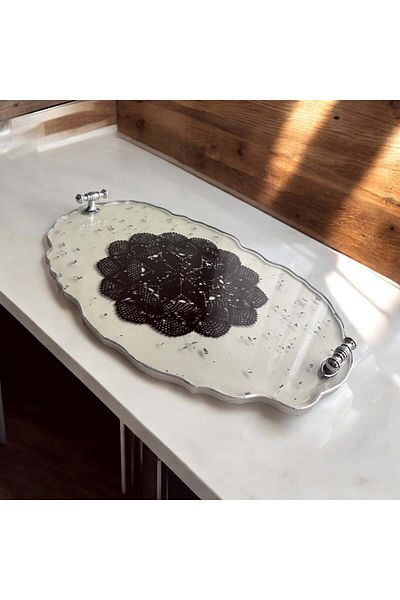 Home 33 cm Black Lace Epoxy Tray - Silver Sheeted