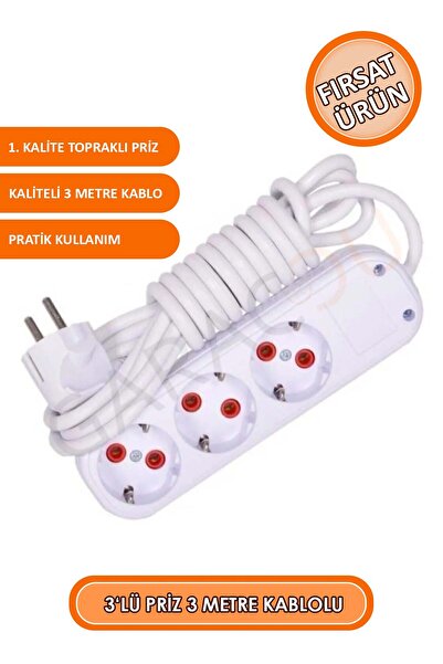 garaccu 3'lü Topraklı Priz 3 Metre Uzatma Kablolu Seyyar Üçlü Grup Priz, Çokl...