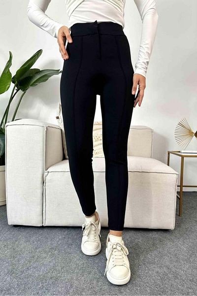 FEVİLLE Women's Black High Waist Slim-Legged Chestnut Trousers