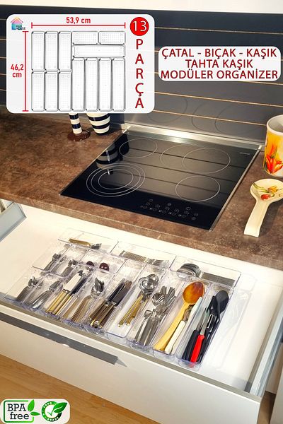 color house Σετ 13 - Διαφανής οργάνωση Modular Spoon Organizer, Συρτάρι και Ξύλινο κουτάλι Συρτάρι Organizer
