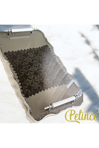 Home 35 cm Epoxy Resin Lace Tray - Black and Silver Stone Detailed