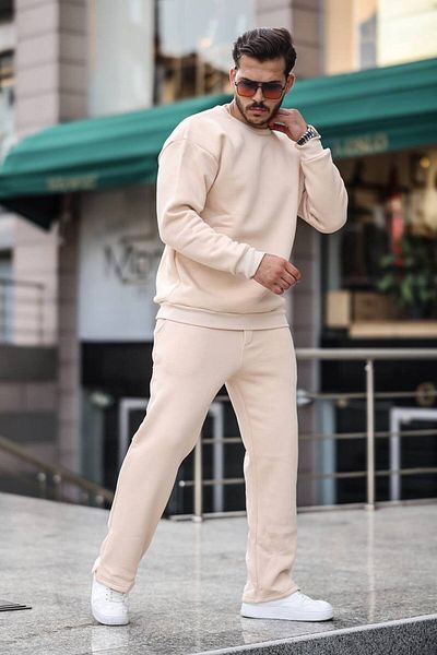 NO1 KONSEPT Beige 3 Thread Raised Crew Neck Baggy Tracksuit Set